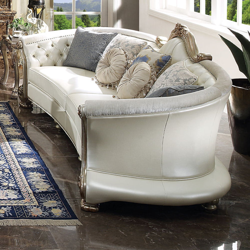 Dresden II - Sofa With 7 Pillows - Pearl Synthetic Leather & Gold Patina
