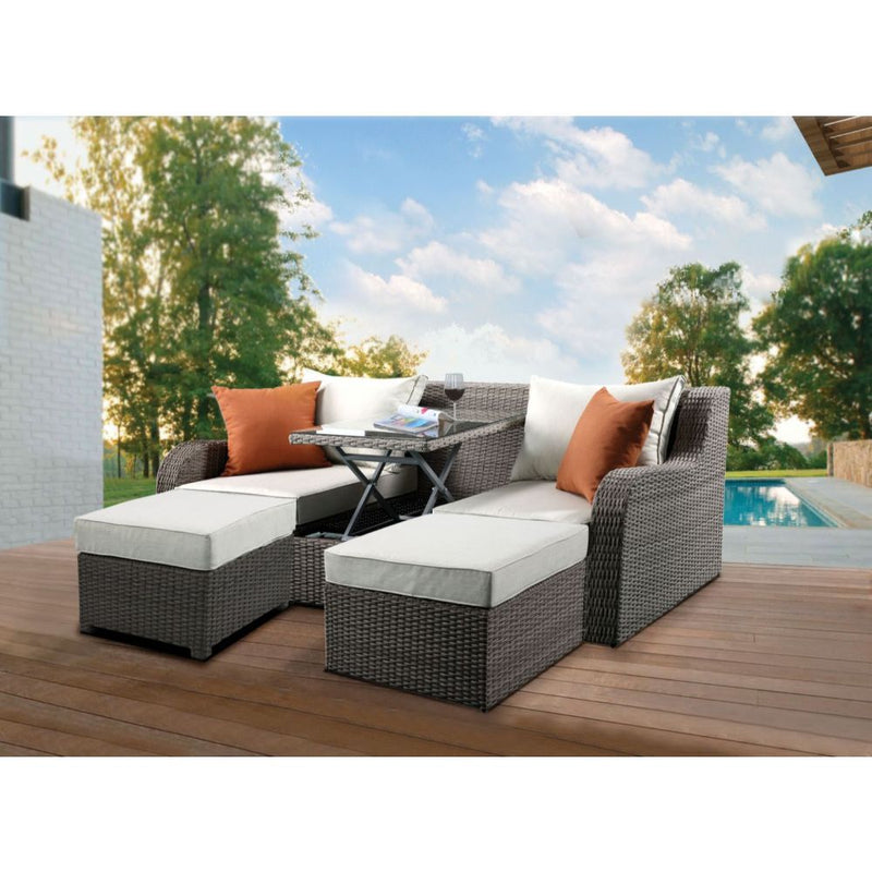 Salena - Patio Sofa With 2 Pillows & 2 Ottomans - Beige Fabric & Gray Wicker