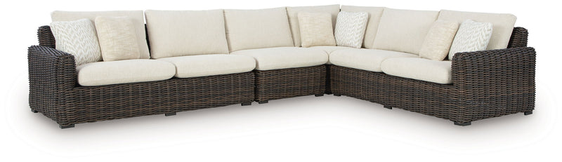 Kimora - 7 Pc. - 4-Piece Outdoor Sectional, Swivel Glider Lounge, Cocktail Table, End Table - Beige / Dark Brown
